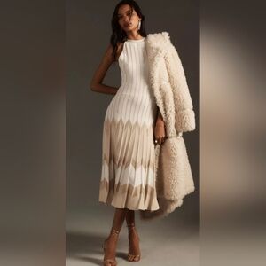 Anthropologie White/Gold Pleated Drop Waist Knit Midi Dress